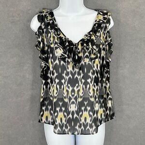Antonio Melani Top Black Ikat Print 100%‎ Silk Ruffle Sleeveless Lightweight
